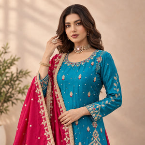 Teal Blue and Rani Pink Chinon Silk Suit Set with Heavy Embroidery and Moti Work