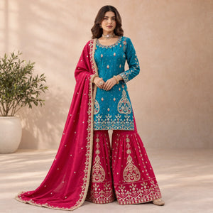Teal Blue and Rani Pink Chinon Silk Suit Set with Heavy Embroidery and Moti Work