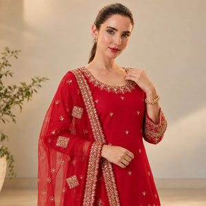 Red Faux Georgette Sharara Set with 5mm Sequence Embroidery and Butterfly Net Dupatta