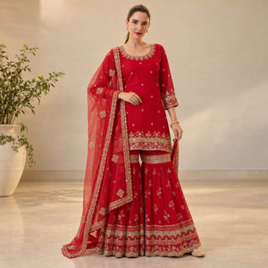 Red Faux Georgette Sharara Set with 5mm Sequence Embroidery and Butterfly Net Dupatta