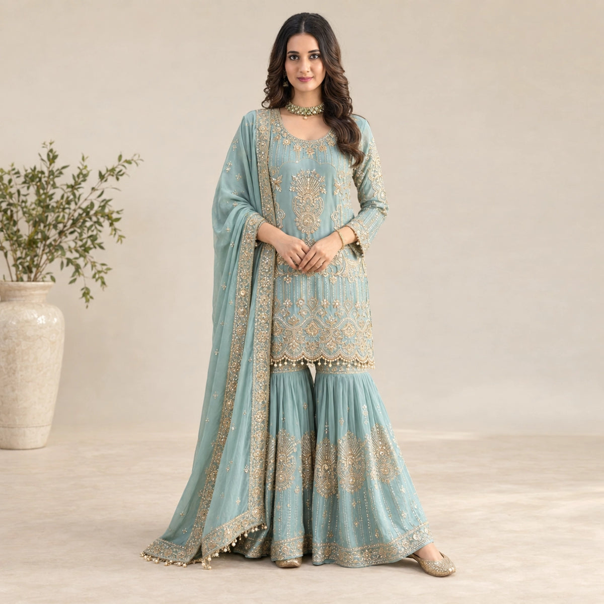 Sea Green Georgette Sharara Set with Sequence Embroidery and One Side Lace Border Dupatta