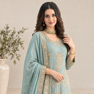 Sea Green Georgette Sharara Set with Sequence Embroidery and One Side Lace Border Dupatta