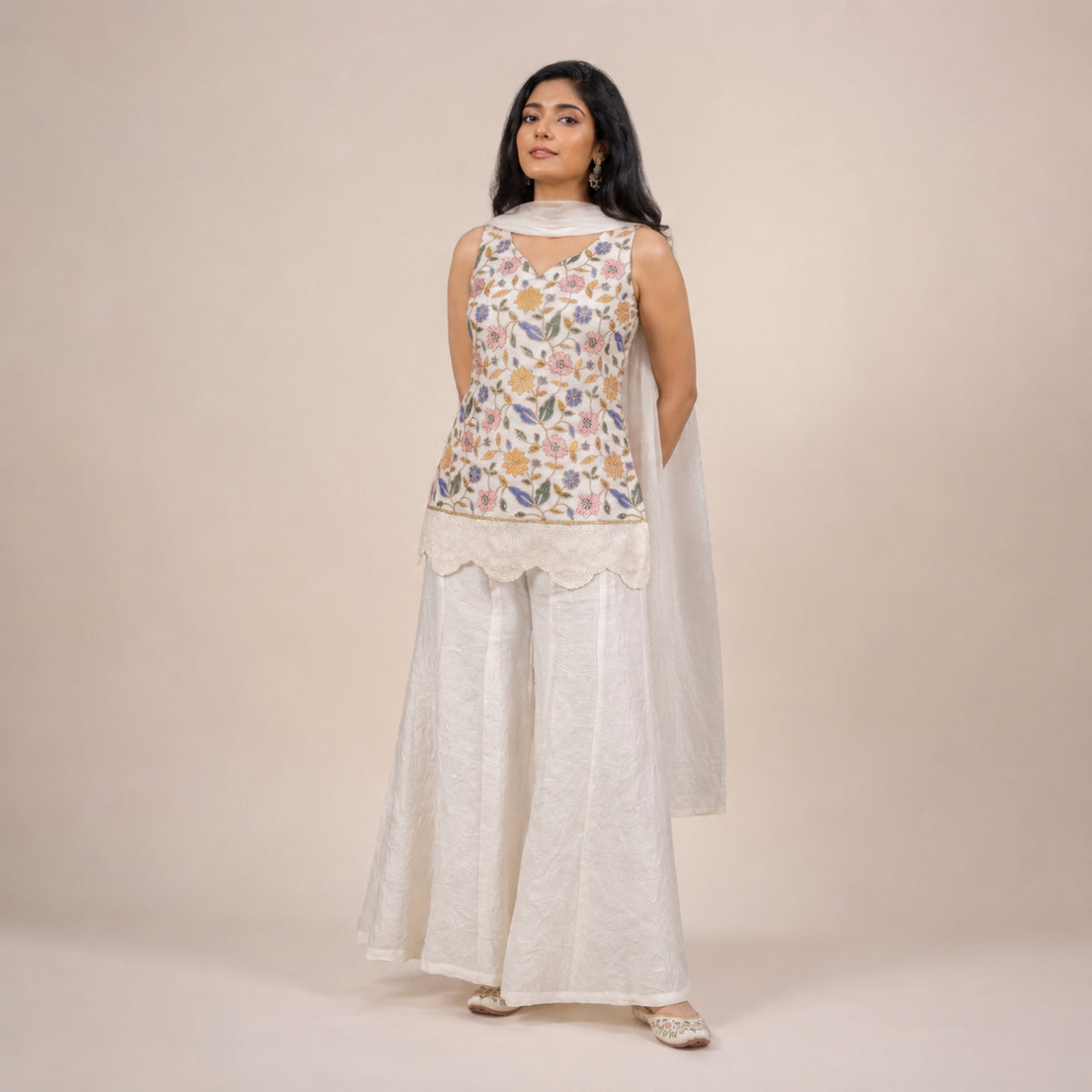Ivory Floral Embroidered Sharara