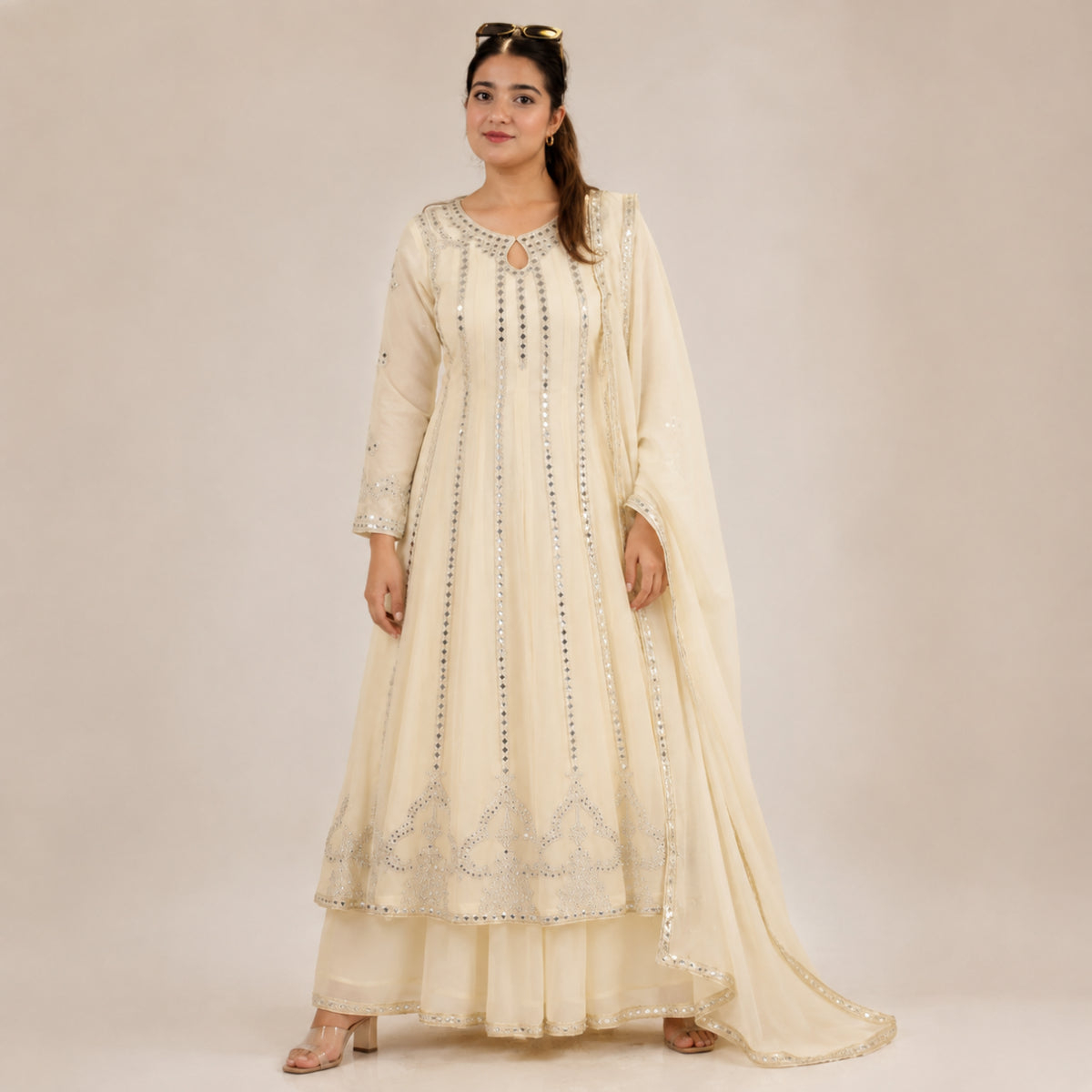 Ivory Mirror Work Jacket Lehenga