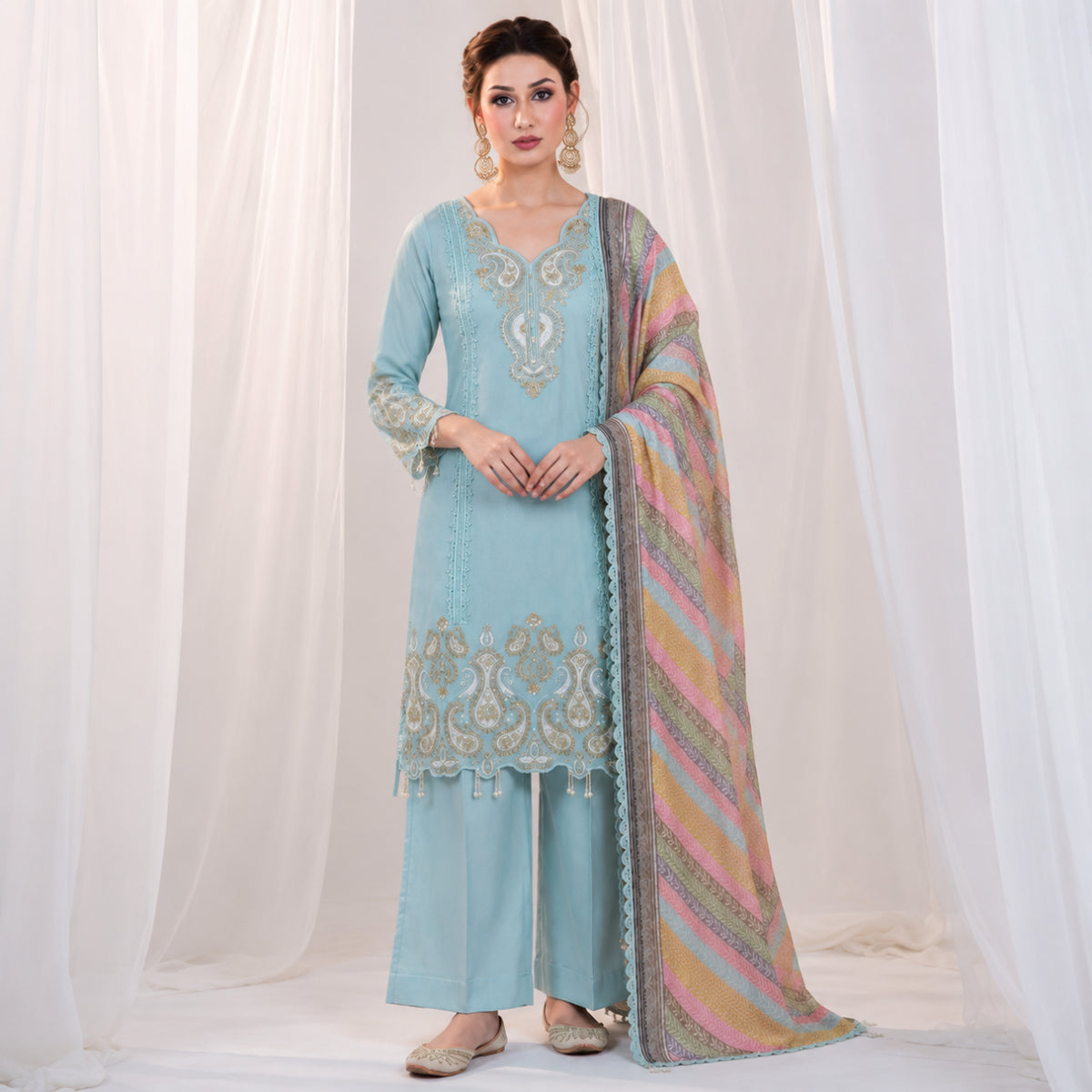 Sequin Paisley Scalloped Kurti Set