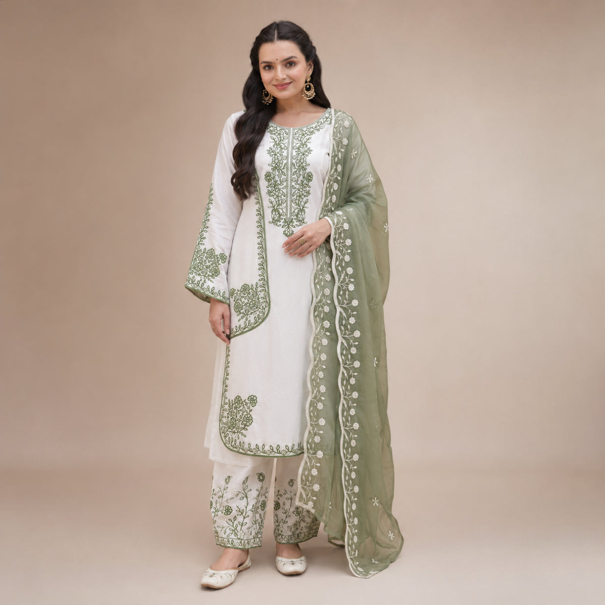 White Roman Glass Embroidery Suit with Dupatta