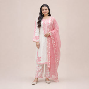 White Roman Glass Embroidery Suit with Dupatta