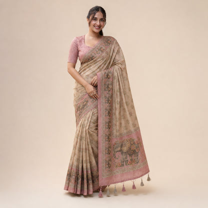Beige Elephant Print Handwork Linen Saree