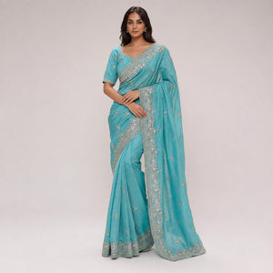 Vichitra Silk Embroidered Saree with Blouse