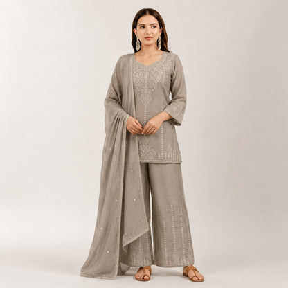 Zazu Silk Kurta Palazzo With Zari Embroidery