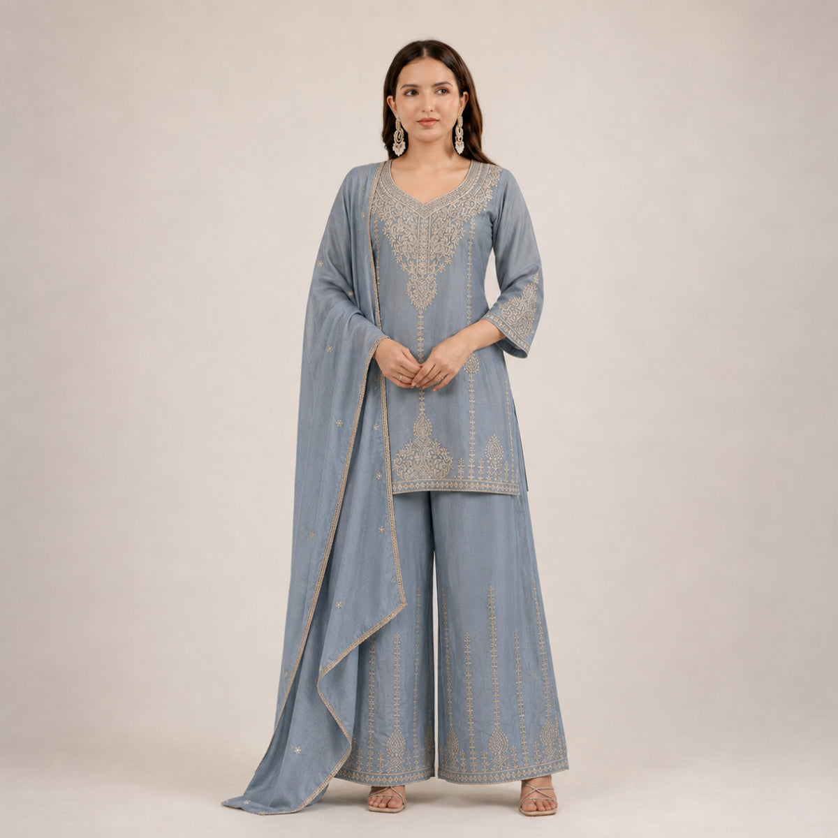 Zazu Silk Kurta Palazzo With Zari Embroidery
