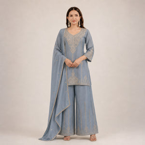 Zazu Silk Kurta Palazzo With Zari Embroidery