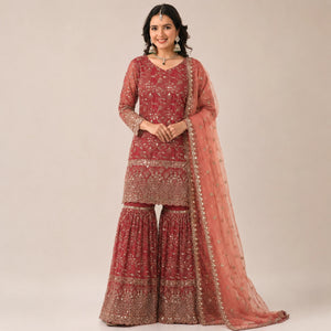 Crushed Silk Sharara Set With Sequin Embroidery
