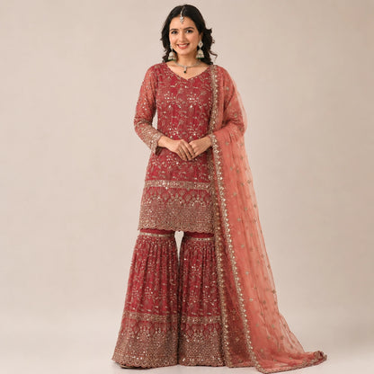 Crushed Silk Sharara Set With Sequin Embroidery