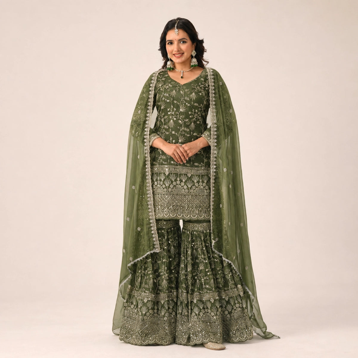Crushed Silk Sharara Set With Sequin Embroidery