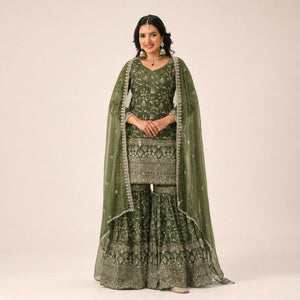 Crushed Silk Sharara Set With Sequin Embroidery
