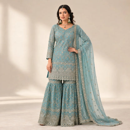 Crushed Silk Sharara Set With Sequin Embroidery