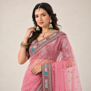 Rose Organza Silk Saree with Embroidery Border