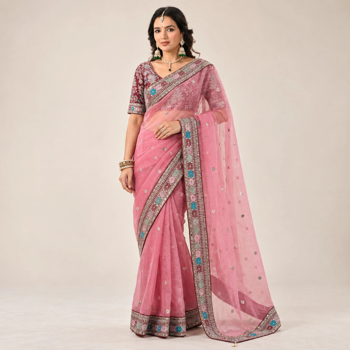 Rose Organza Silk Saree with Embroidery Border