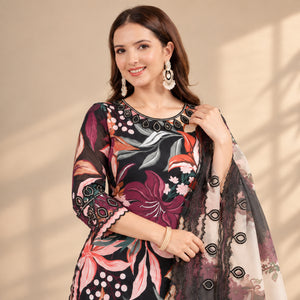 Black Tropical Print Muslin Embroidery Set