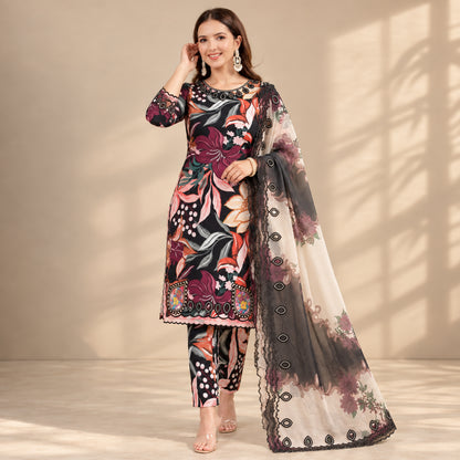Black Tropical Print Muslin Embroidery Set