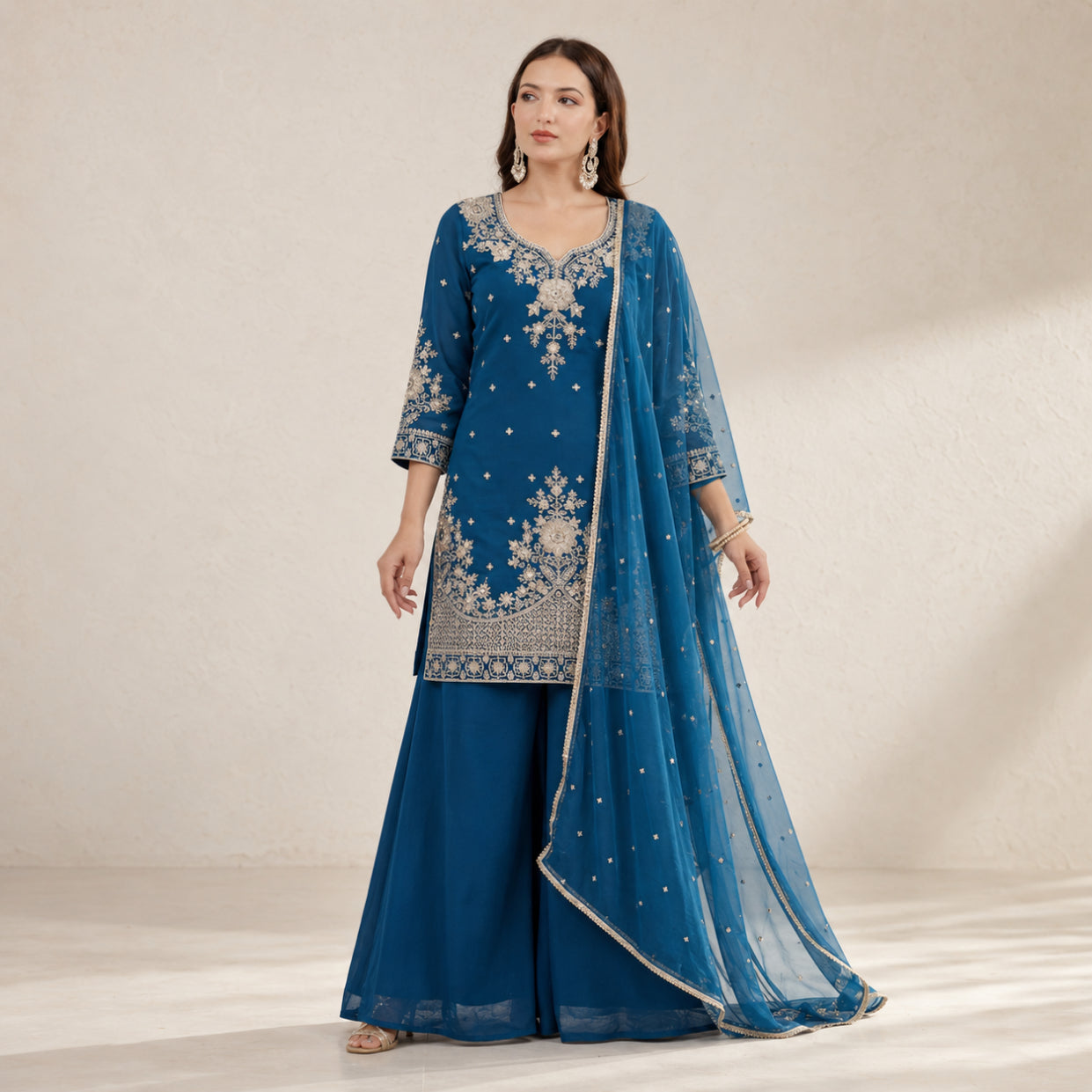 Roman Silk Embroidered Kurta Palazzo Set