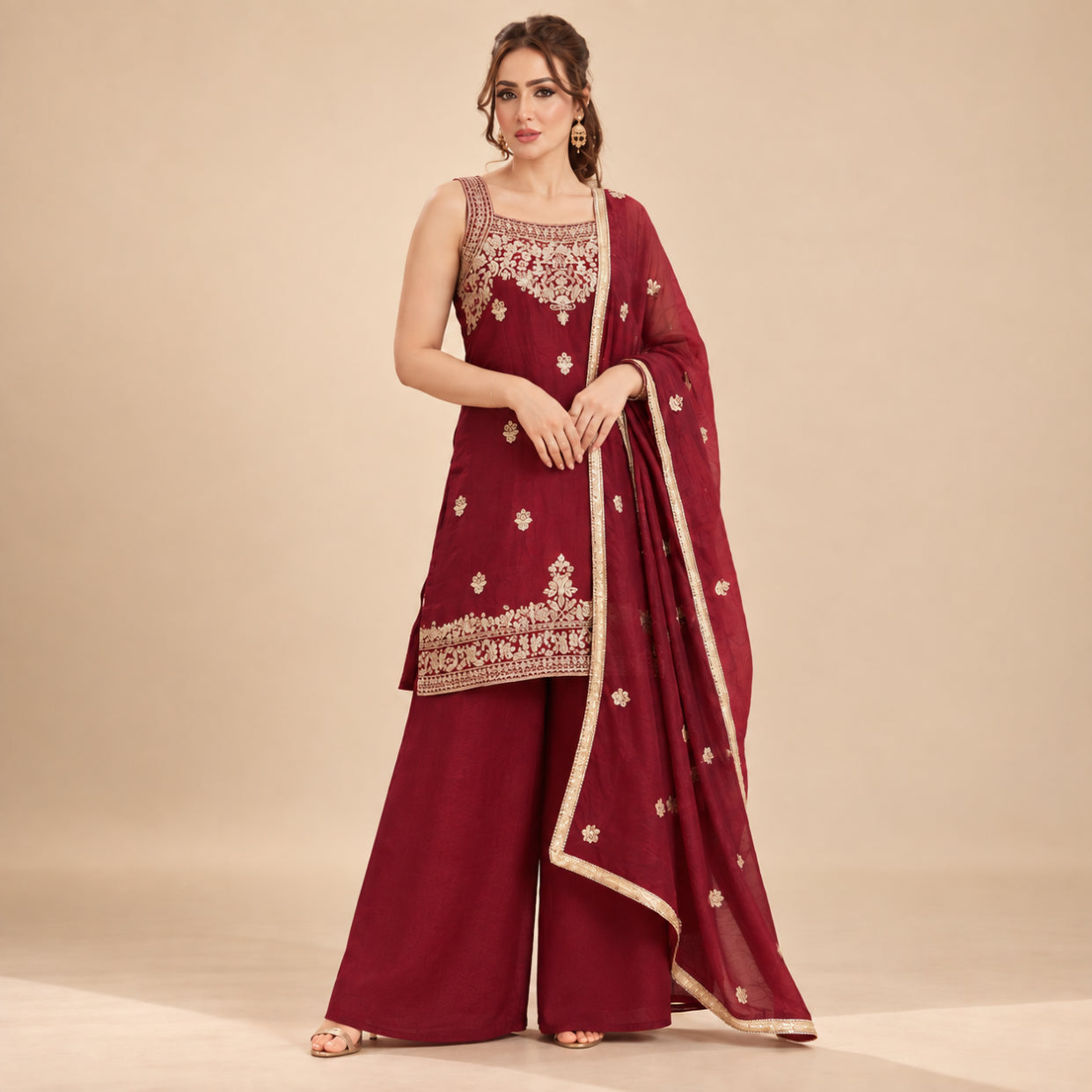 Rangoli Crush Embroidered sleeveless Sharara Set With Dupatta