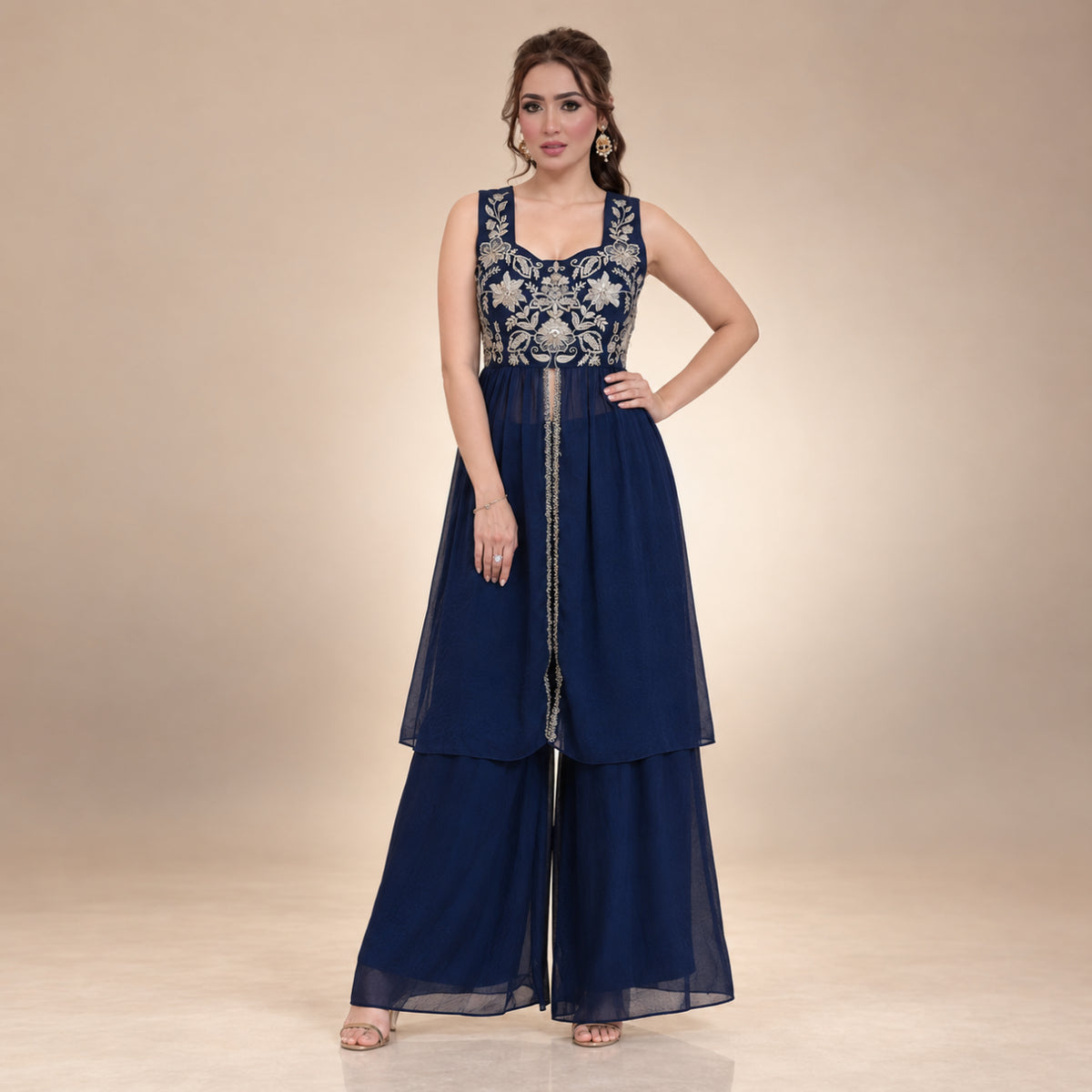 Navy Rangoli Crush Embroidered Peplum Palazzo Set