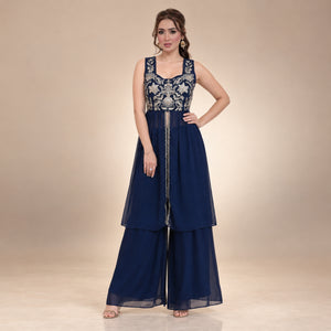 Navy Rangoli Crush Embroidered Peplum Palazzo Set