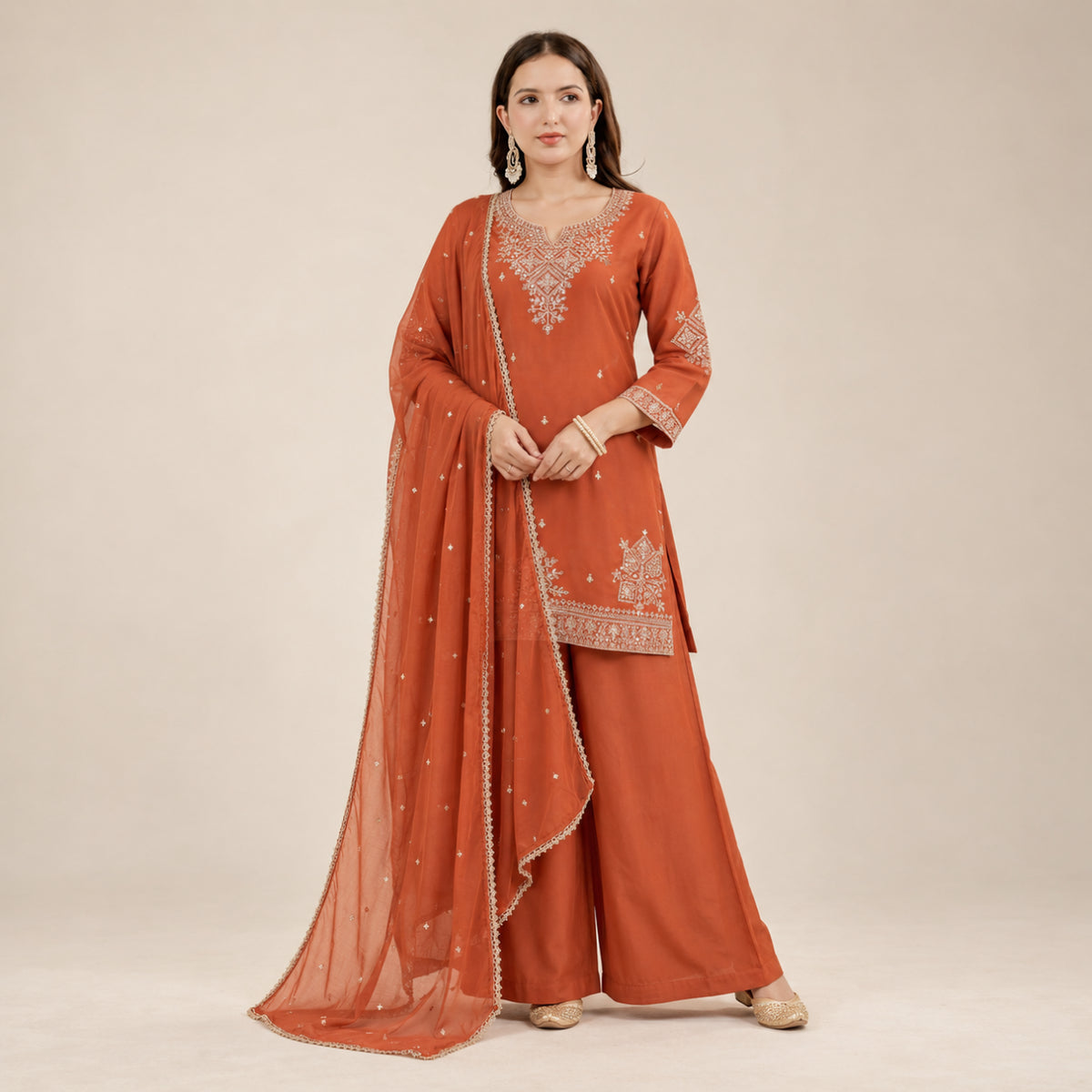 Roman Two Tone Embroidered Kurta Palazzo Set