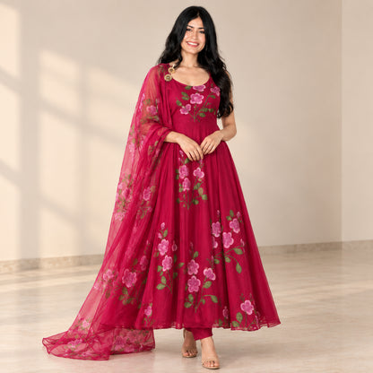Red Handpainted Georgette Anarkali Set