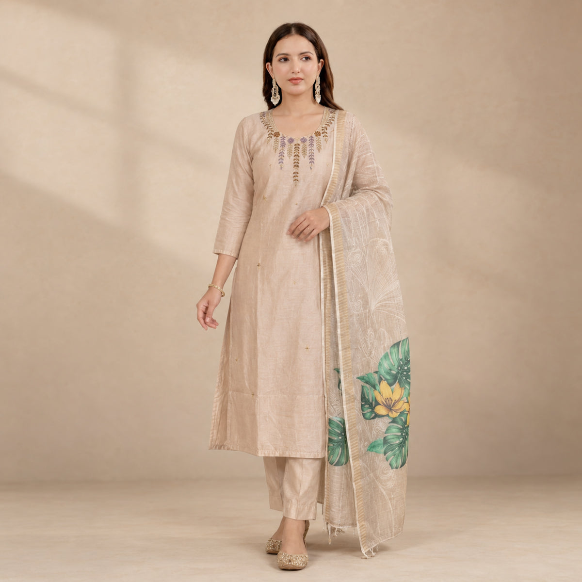 Cream Chanderi Kurta Set With Linen Dupatta