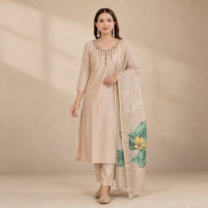 Cream Chanderi Kurta Set With Linen Dupatta