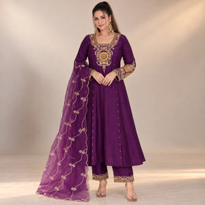 Wine Zari Sequin Anarkali Suit
