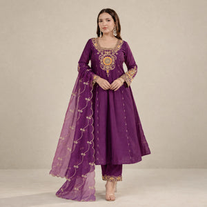 Wine Zari Sequin Anarkali Suit