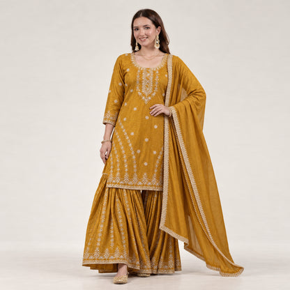 Mustard Chinnon Silk Embroidered Sharara Set