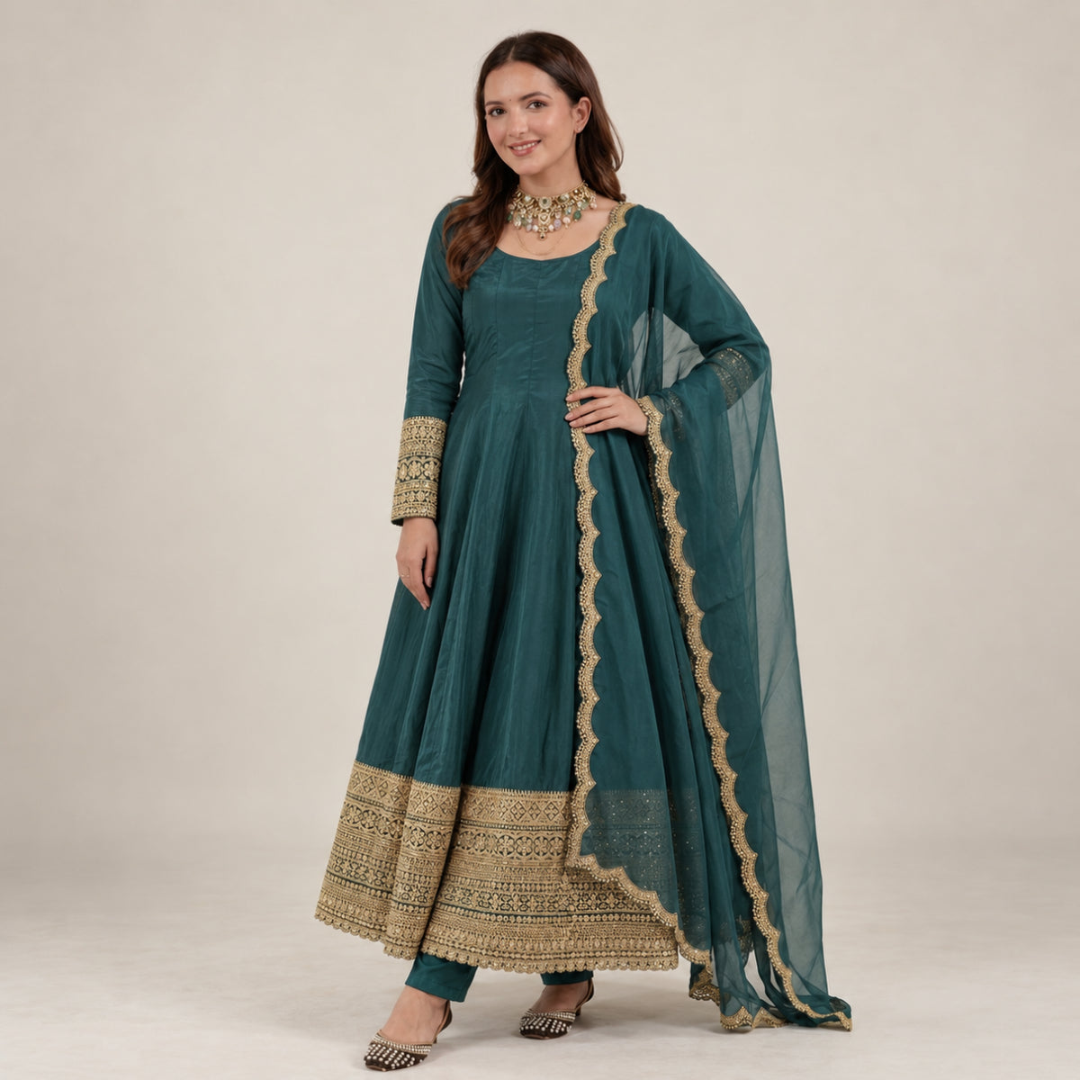 Teal Crepe Anarkali Set With Organza Dupatta