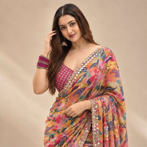 Rust Floral Mirror Saree