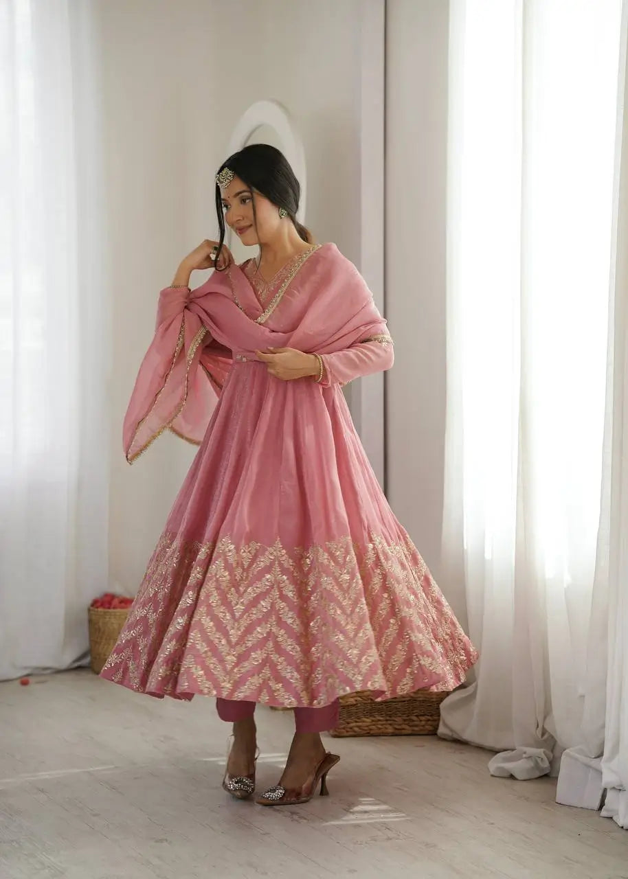 Chevron Sequin Crinkle Silk Anarkali