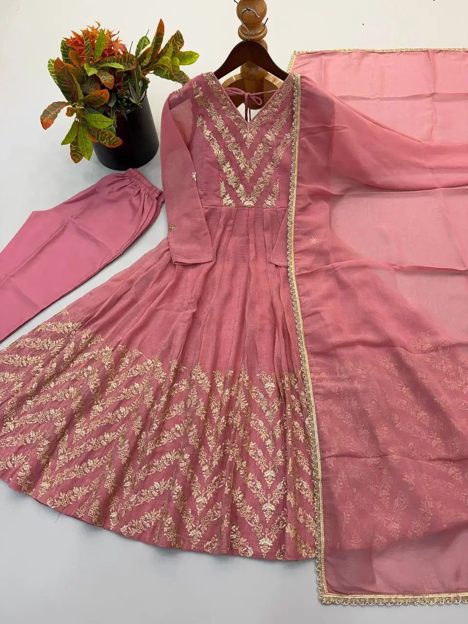 Chevron Sequin Crinkle Silk Anarkali