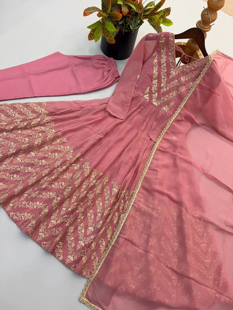 Chevron Sequin Crinkle Silk Anarkali