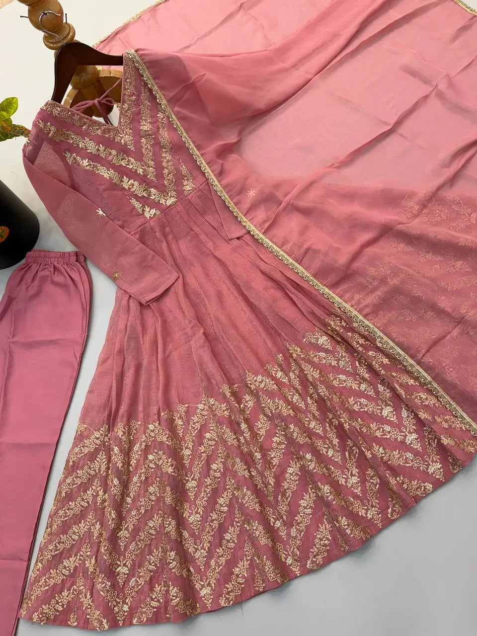 Chevron Sequin Crinkle Silk Anarkali
