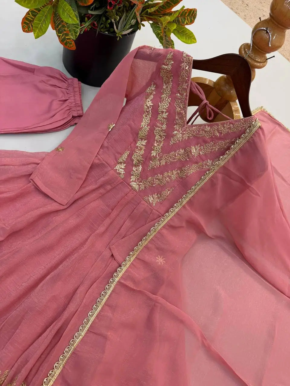 Chevron Sequin Crinkle Silk Anarkali