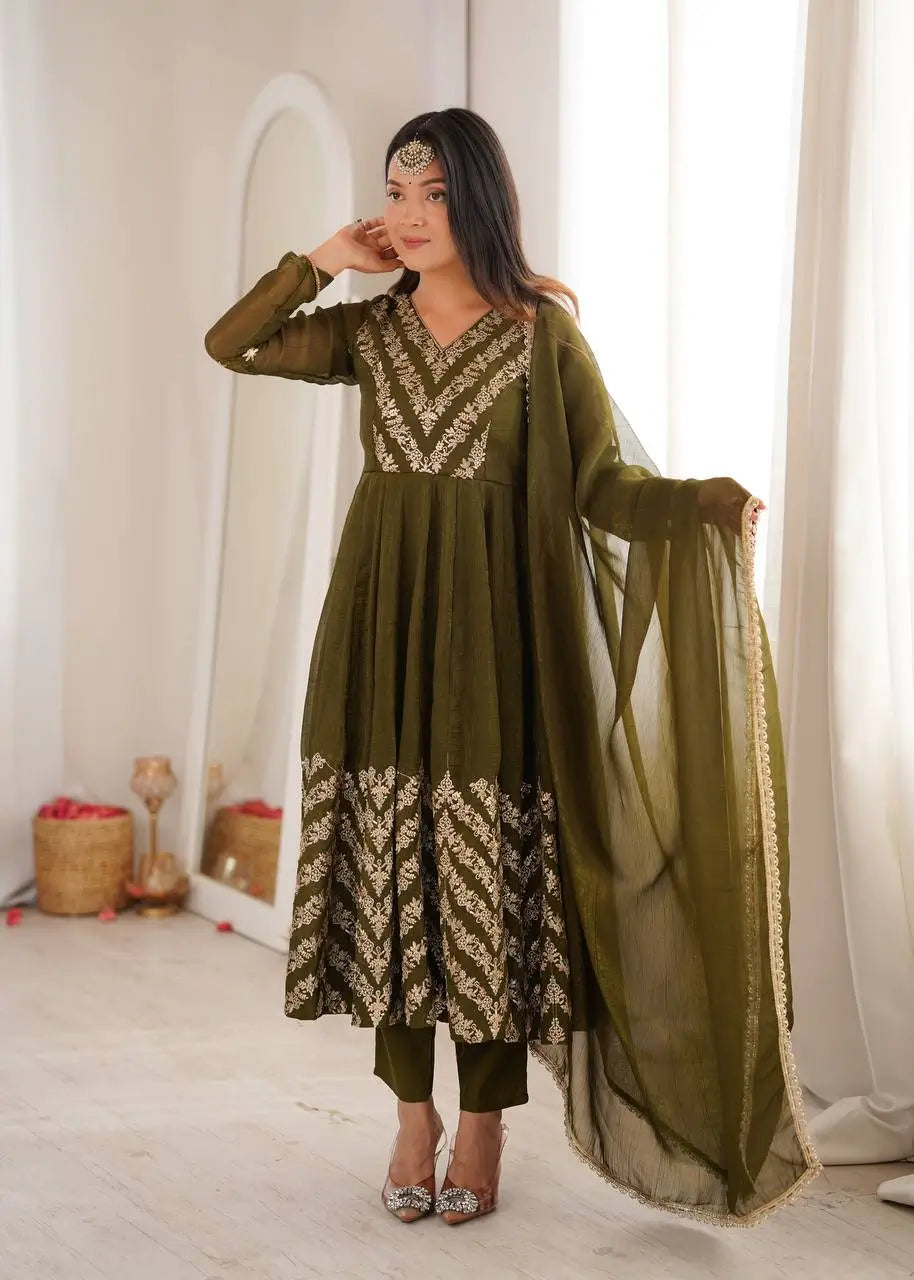 Chevron Sequin Crinkle Silk Anarkali