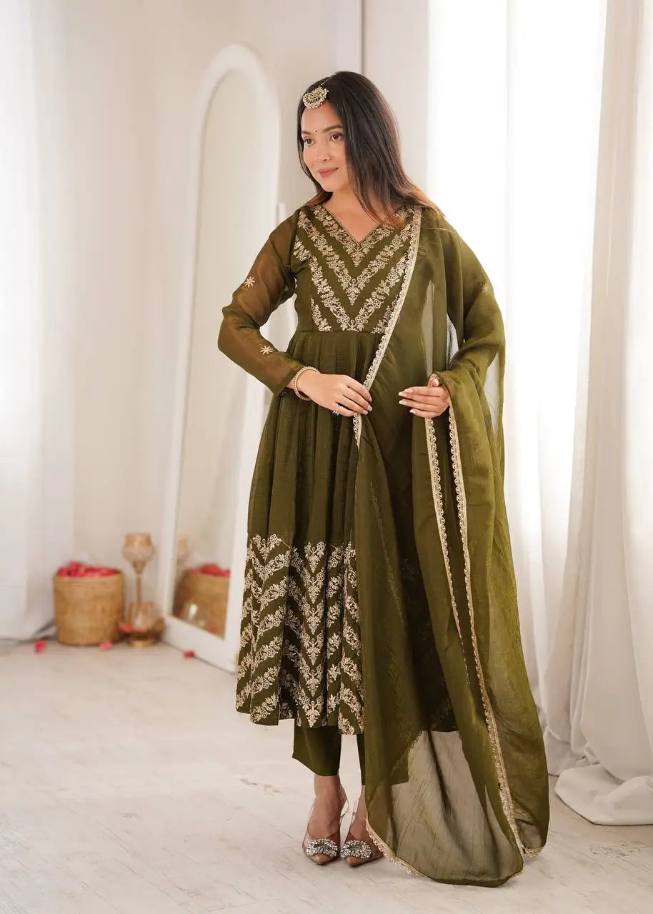 Chevron Sequin Crinkle Silk Anarkali