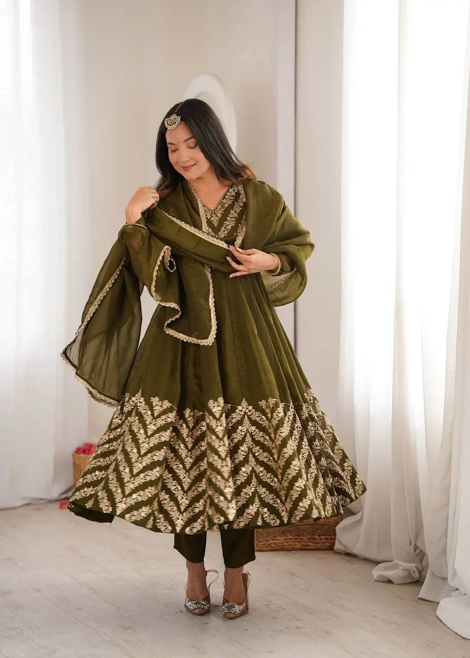 Chevron Sequin Crinkle Silk Anarkali