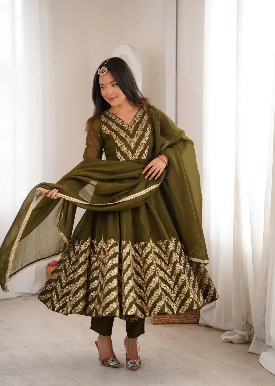 Chevron Sequin Crinkle Silk Anarkali