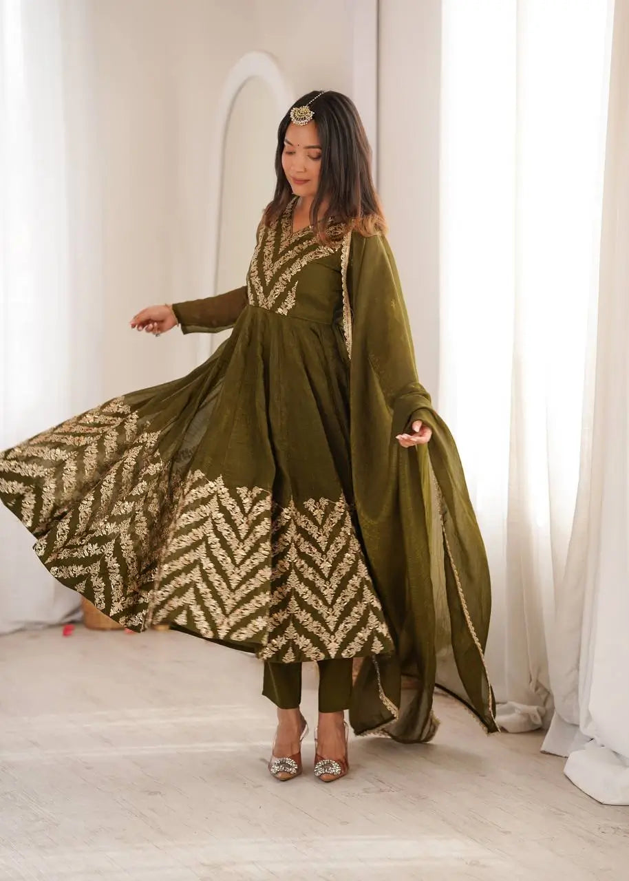 Chevron Sequin Crinkle Silk Anarkali