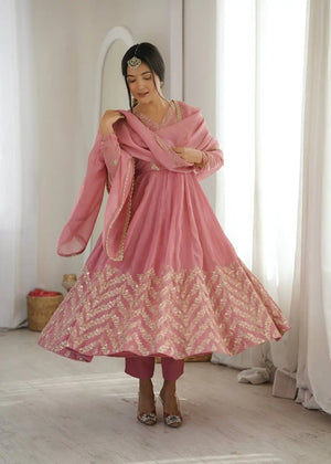 Chevron Sequin Crinkle Silk Anarkali