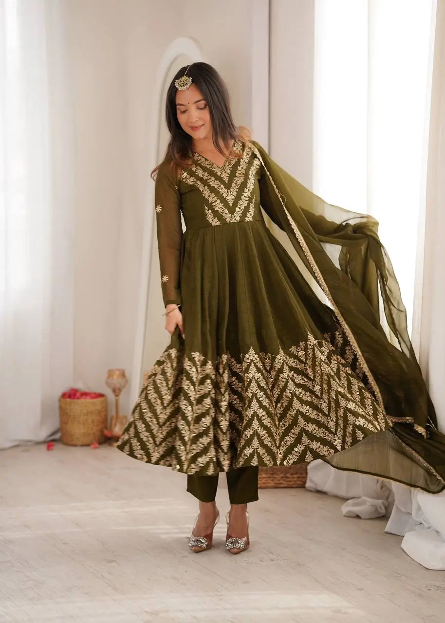 Chevron Sequin Crinkle Silk Anarkali